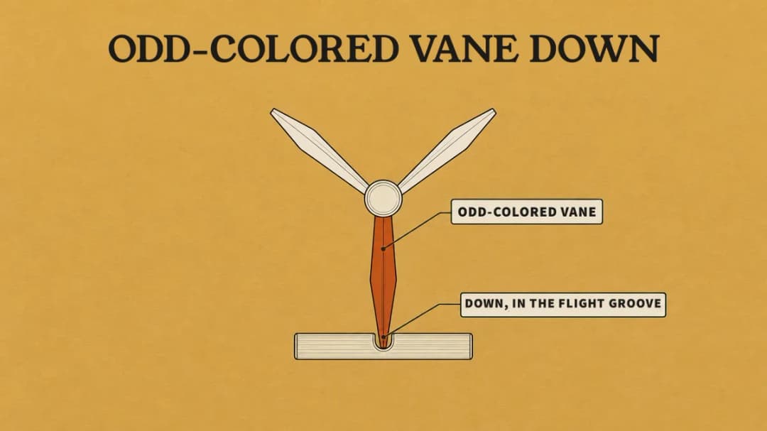 A crossbow bolt goes on the rail with the odd-colored vane pointing down into the flight groove and its back end against the string How a crossbow bolt sits on the rail: the odd-colored vane points down into the flight groove, the back end goes against the string.