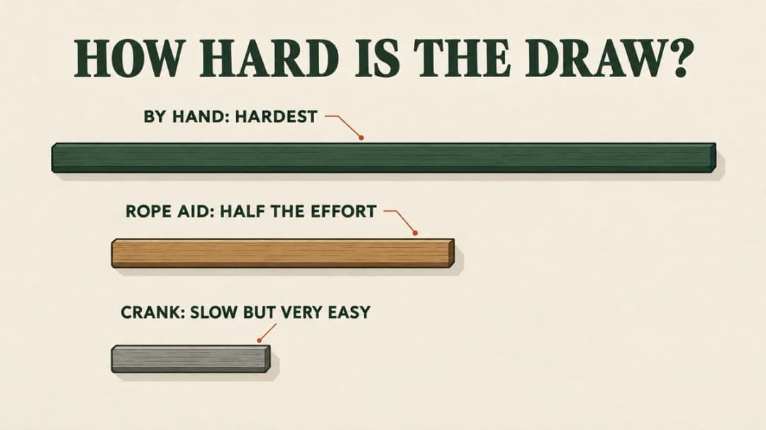 Three ways to draw a crossbow without doing it by hand: a rope aid, a crank aid or a crank built into the stock Cocking effort: hardest by hand, half the effort with a rope aid, slow but very easy with a crank.