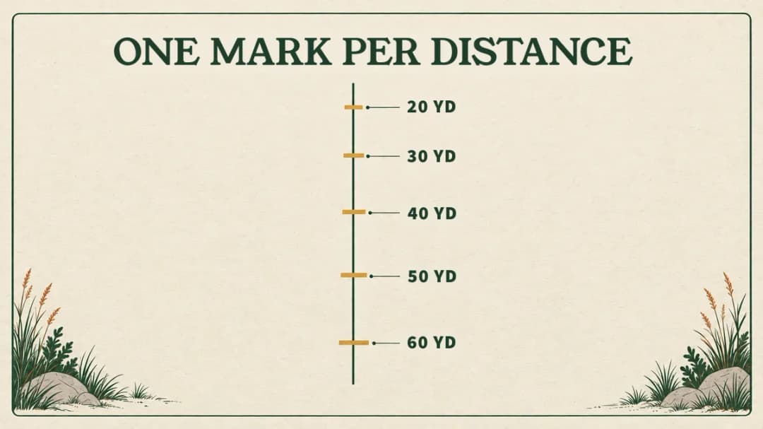 A crossbow scope has one aiming point per distance, stacked down the vertical line, because a bolt drops more the farther it flies One mark per distance: stacked marks for 20, 30, 40, 50 and 60 yards, the gaps growing as the bolt drops more.
