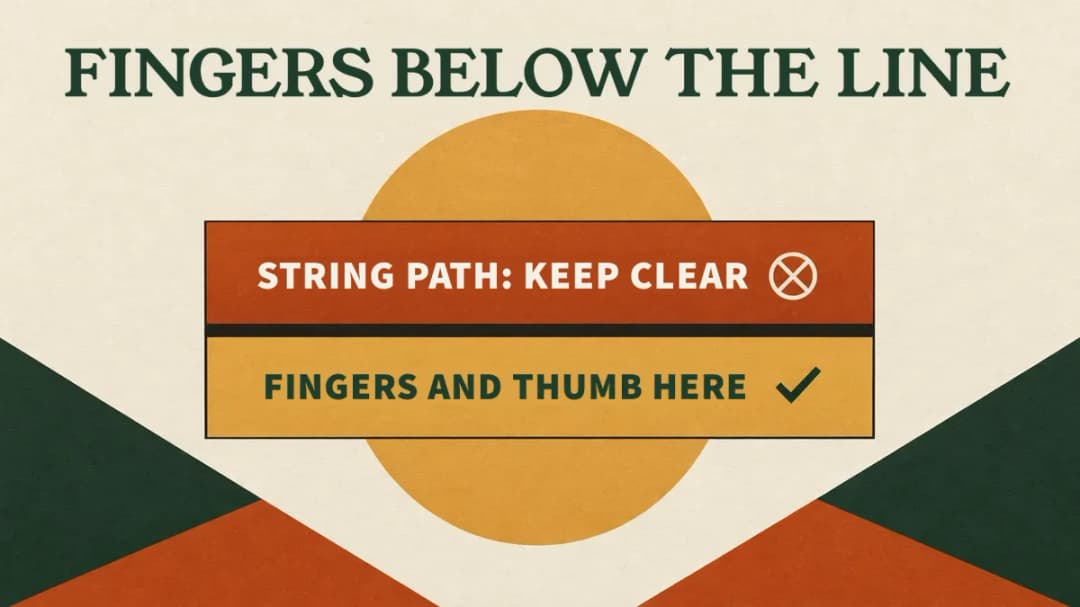 When the string is released, it travels along the top of the rail; fingers and thumb stay below the rail and behind the finger guard Keep your fingers and thumb below the rail, out of the string's path.