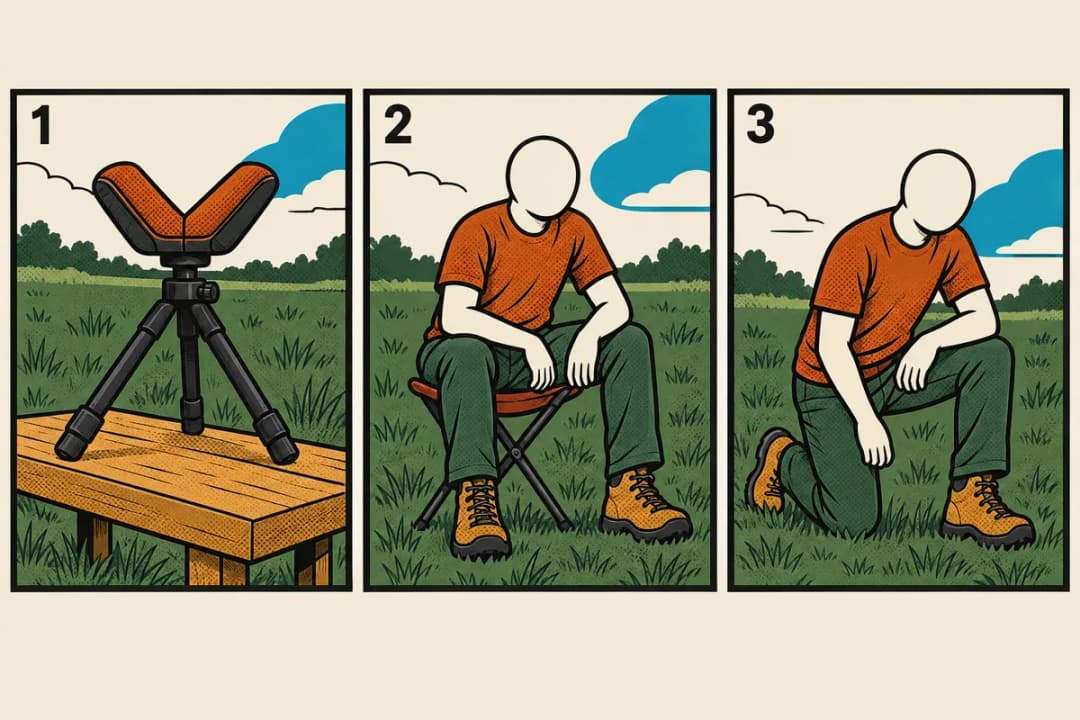 Steady positions: rest, sitting, kneeling Three-panel comic: a padded V-shaped tripod rest on a wooden bench, a figure sitting on a camp stool with elbows on knees, and the figure kneeling on one knee