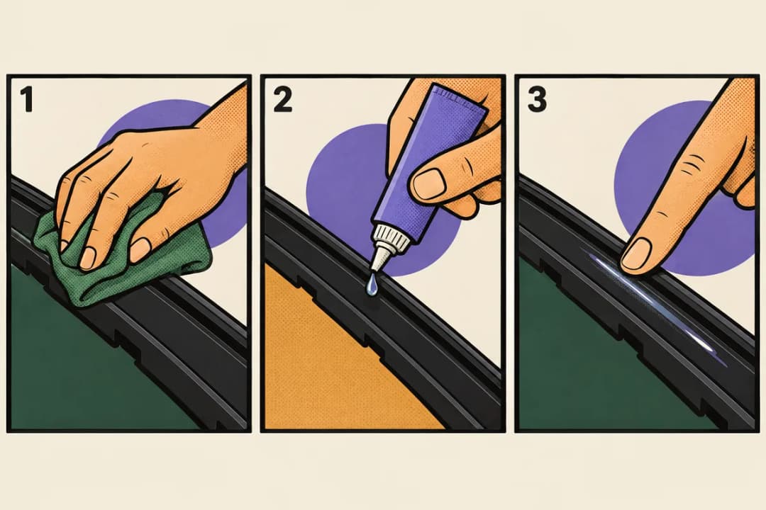 Rail lube in three steps Three-panel comic: a hand wiping a black rail with a green cloth, a purple tube dropping lube on the rail, and a fingertip spreading it into a thin sheen