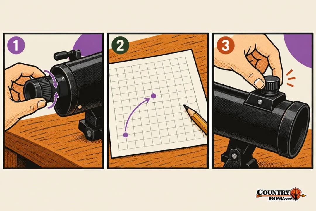 Scope sight-in in three steps Three-panel comic: a hand turning a scope's eyepiece ring, a pencil arrow moving a dot to the center of grid paper, and fingers clicking the top dial