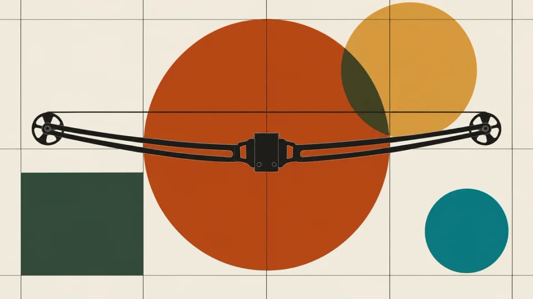 Limbs and riser Split crossbow limbs with a cam wheel at each tip, joined at a central riser, shown as a specimen on a grid poster.