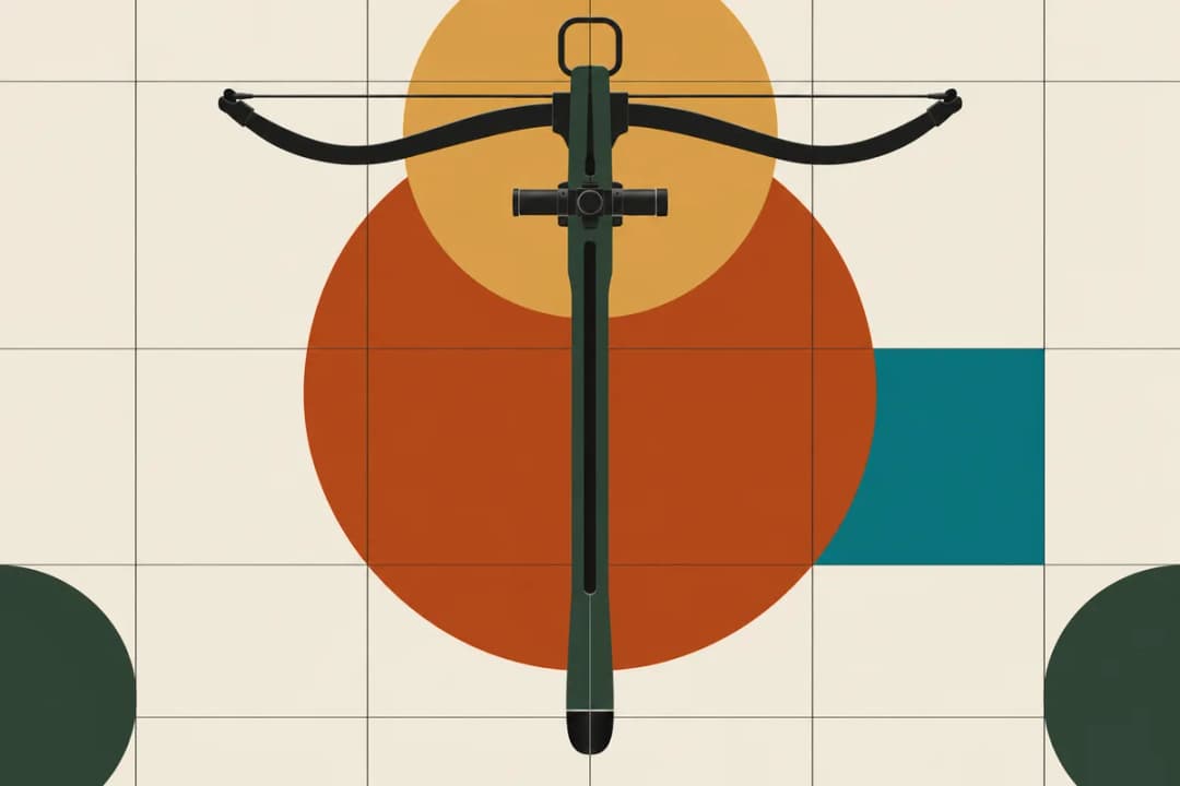 Crossbow seen from above A crossbow seen from directly above, shaped like a letter T, centered on a grid poster with rust, gold, green and teal shapes.